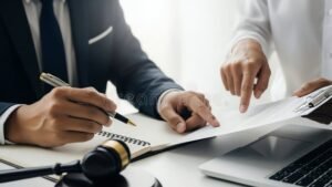 abogado y cliente revisando documentos legales