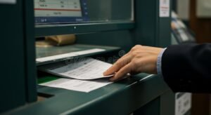 mano depositando cheque en cajero automatico