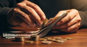 manos contando billetes y monedas juntas