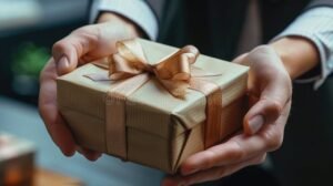 Qué monto de aguinaldo es adecuado para dar a los clientes 6 manos entregando regalo envuelto elegante