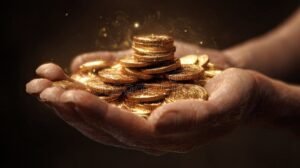 manos sosteniendo monedas doradas brillantes