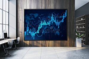 oficina corporativa con graficos financieros modernos