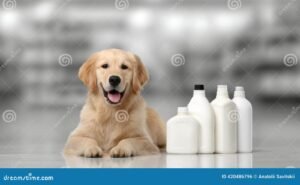 perro feliz con productos de cuidado pet