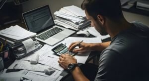 persona calculando finanzas con calculadora y cuaderno