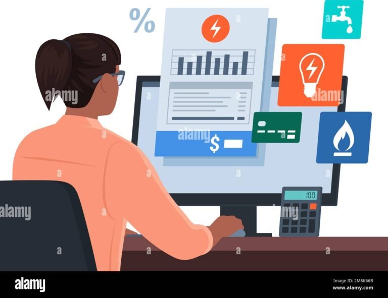 persona pagando factura electrica en computadora
