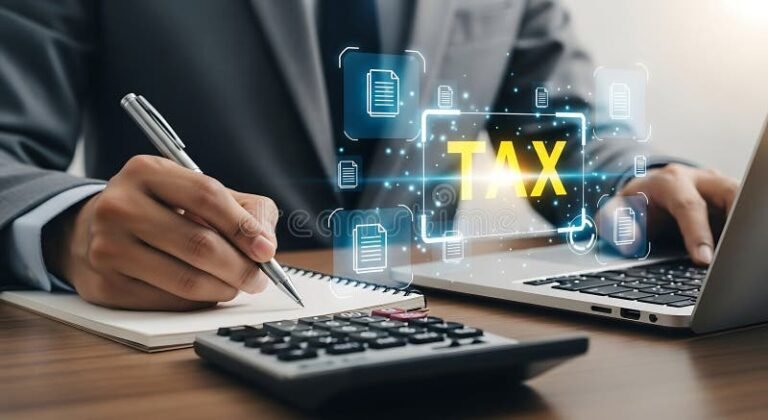 persona usando laptop y documentos fiscales